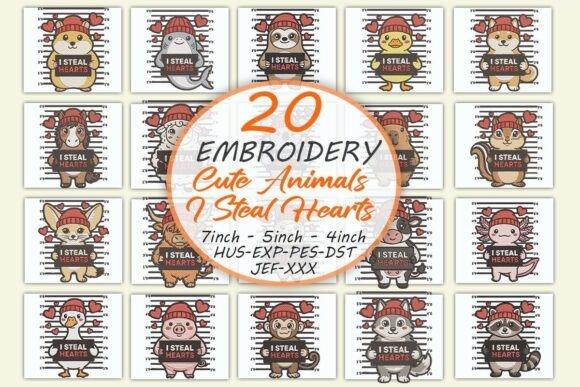 Valentine's Day Cute Animals I Steal Hearts Embroidery Bundle